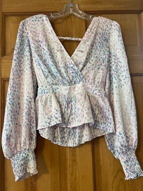 Women’s Pink & Blue Print Peplum Wrap Top
